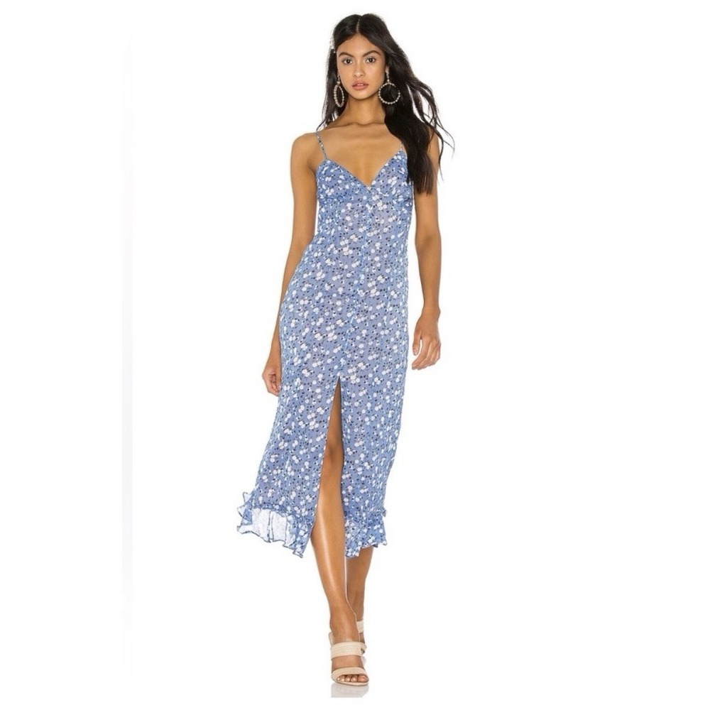 Majorelle Quincy Blue Ditsy Floral Midi Dress Slit Ruffle Hem Size XL
